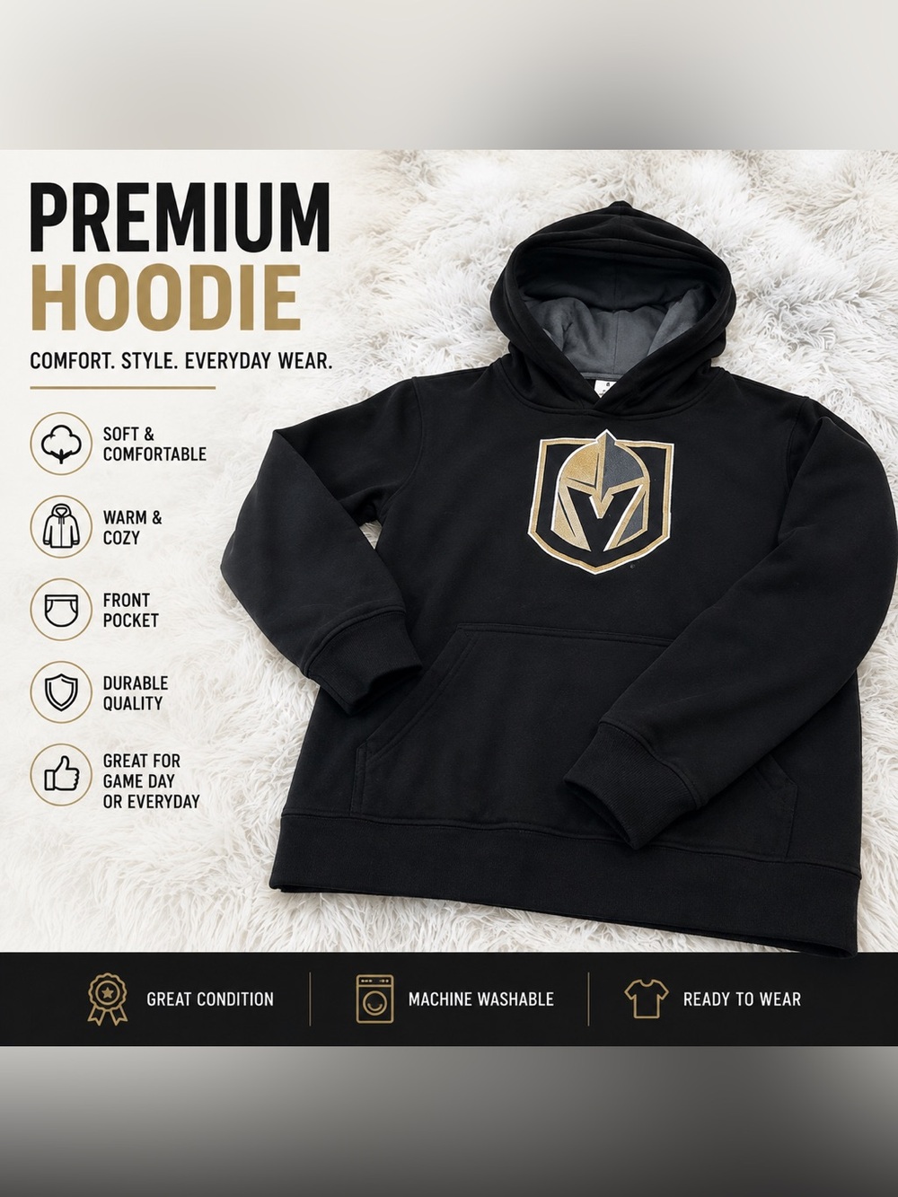 NWOT NHL Black Hoodie with Gold Shield Logo